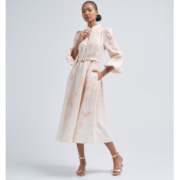 Zimmermann Crush Buttoned Belted Linen Midi Dress Ciara Floral US 8 NWT - Picture 1 of 15